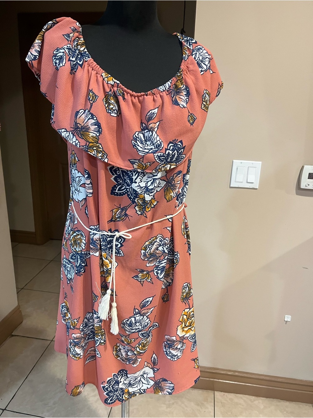 Papaya One-Shoulder Floral Dress in Coral, Navy & Mustard